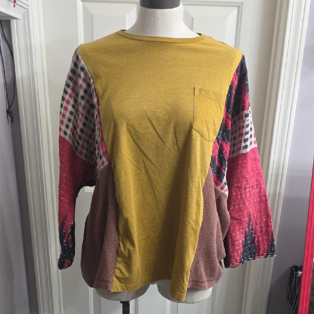 Patchwork Long Sleeve Pocket Top - Mustard